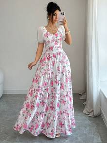 Elenzga Đầm nữ thời trang in hoa, phối lưới, ôm eo, lãng mạn, thanh lịch, thích hợp đi làm, hẹn hò, đi nghỉ mát, đi biển, dự tiệc tối, mùa xuân/hè. - Nhiều màu - Xem 7