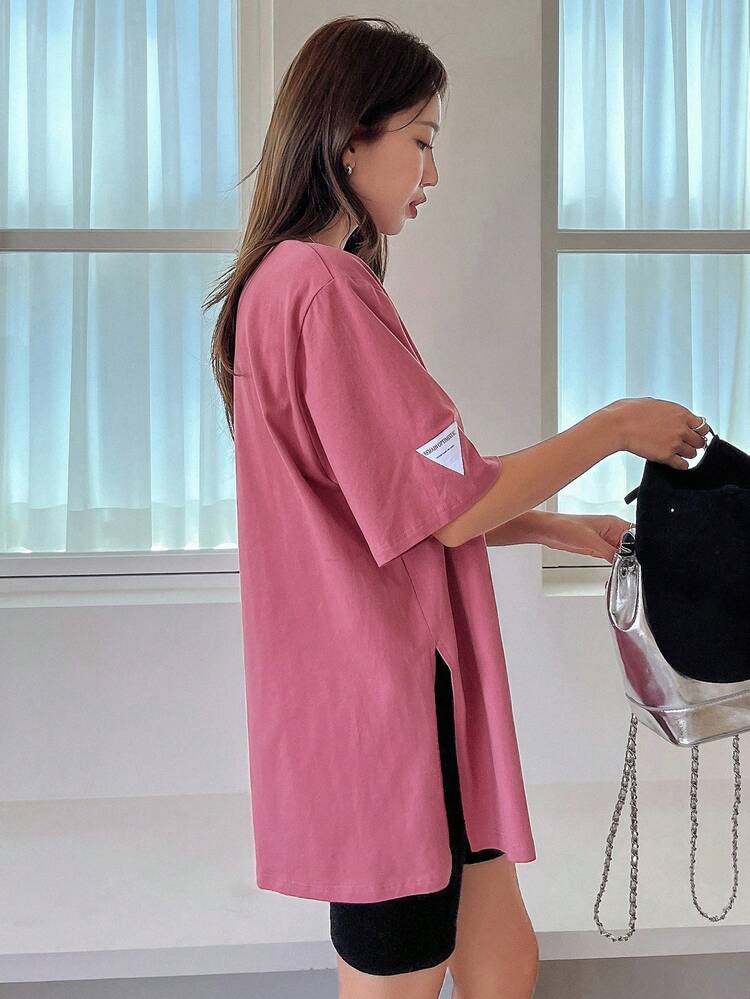 Women's Solid Color Round Neck Loose Casual Split Hem Short Sleeve T-Shirt