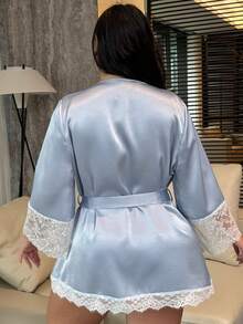 Dazy Plus Satin Twill Blue Contrast Lace Elegant Tie-Waist Short Plus Size Women Spring/Summer/Autumn Sleepwear Robe Pajamas - Blue - View 4