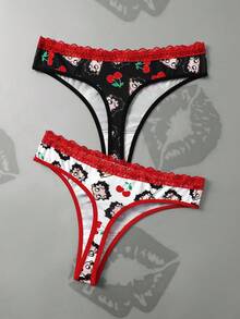 Betty Boop x SHEIN Women's Cartoon Print Contrast Lace Thong Panties - Black and White - View 2