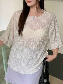 Dazy Plus Women's Wavy Lace Trim Loose Contrast Color Short Sleeve T-Shirt, Elegant Lace Top For Summer Casual Wear - White - View 8