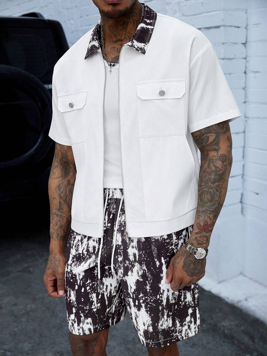 SLATEMANN Mature, Casual, Versatile Printed Men's Shirt Set, Suitable For Commuting - White - View 1