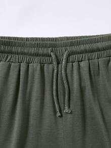SHEIN Teen Girls Casual Minimalist Olive Green Square Neck Ruched Waist Short Sleeve T-Shirt And Wide Leg Pants Co-Ord Set - Olive Green - View 6