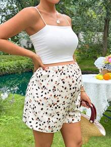 SHEIN 孕婦可調腰圍全身印花休閒短褲 - 杏色 - 查看 6