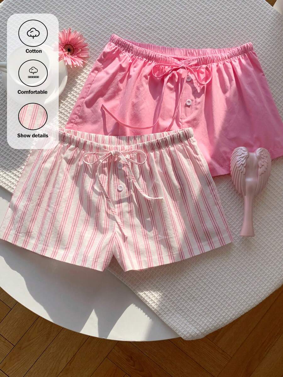 Comfortcana Women's Tie Waist Button Design Casual Cute Shorts Pink Stripe Summer Lounge - Pink - View 1