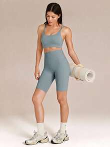 GLOWMODE 10" FeatherFit™ Flex Biker Shorts With Side Pockets Low Impact Yoga Pilates Daily - Grey - View 6