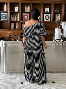 Muchica Striped Asymmetric Collar Top And Pants Plus Size 2 Pieces Set - Black and White - View 2