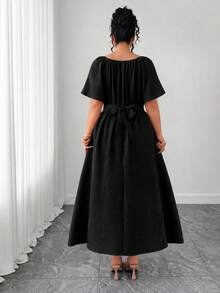 Elenzga Abito a-line da donna taglie forti, elegante, con design collo cavo in perle di legno e vita stretta - nero - Visualizzare 2