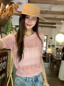 DAZY Women's Solid Color Hollow V-Neck Short Sleeve Elegant Cute Sweet Vacation Cardigan, Spring/Autumn Brunch Pink - Pink - View 4