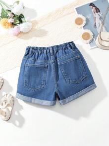 SHEIN Jeans stile Y2K per ragazze pre-adolescenti, denim slavato vintage, tasche con ricamo a fiocco rosa, pantaloncini di jeans a gamba dritta morbidi e comodi, abbigliamento casual di strada - Blu lavato medio - Visualizzare 2