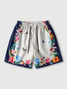 ROMWE MEN Men's Floral Print Drawstring Waist Casual Versatile Daily Wear Shorts - Multicolor - View 1