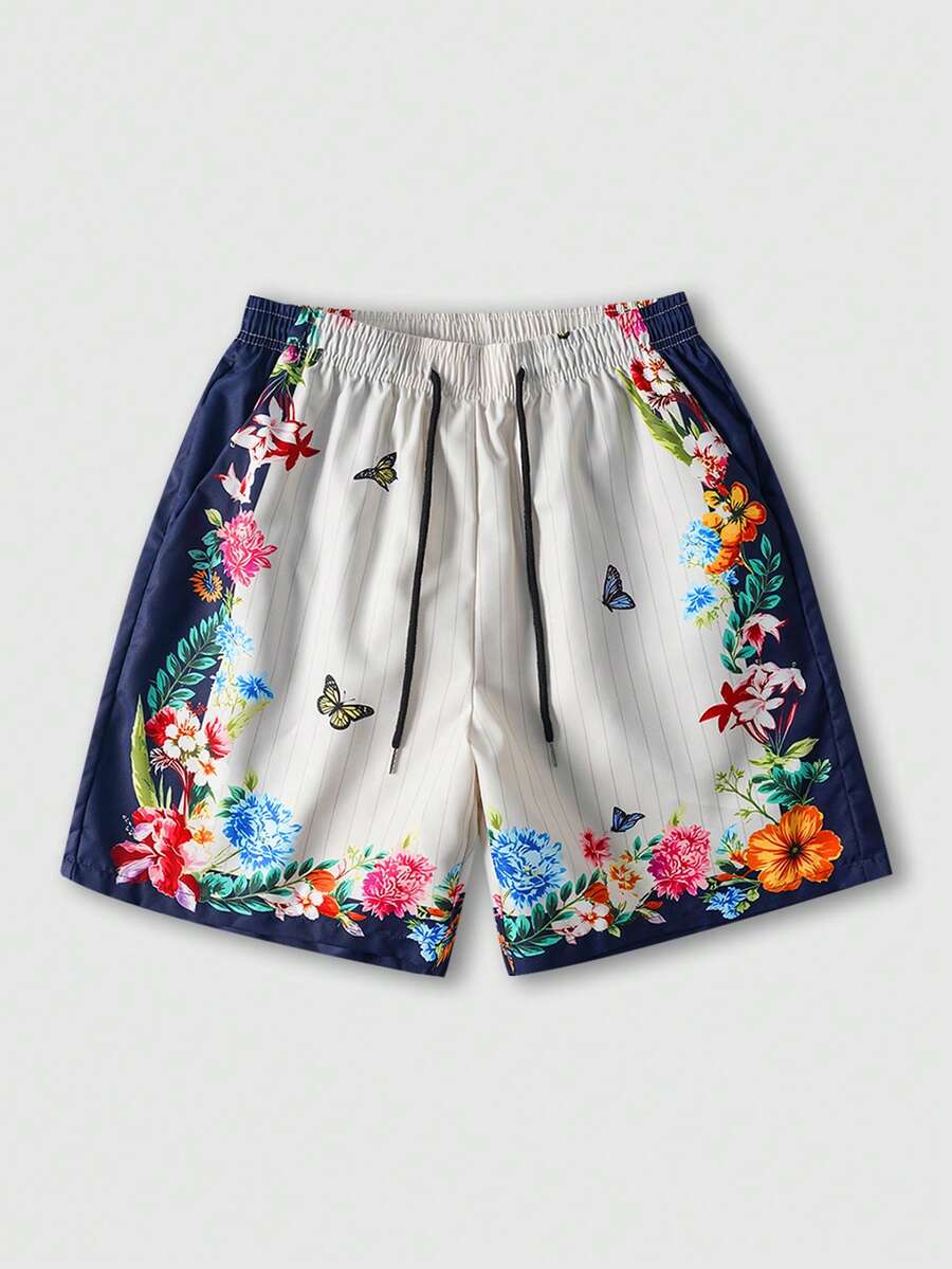 ROMWE MEN Men's Floral Print Drawstring Waist Casual Versatile Daily Wear Shorts - Multicolor - View 1