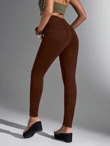 Jeanoix Jeans ajustados de mujer con unicolor, bolsillos y botones - Café integral - Ver 2
