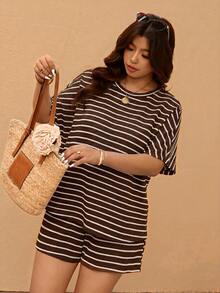 Elaquor Summer New Striped T-Shirt And Shorts Plus Size 2pcs Set - Coffee Brown - View 5