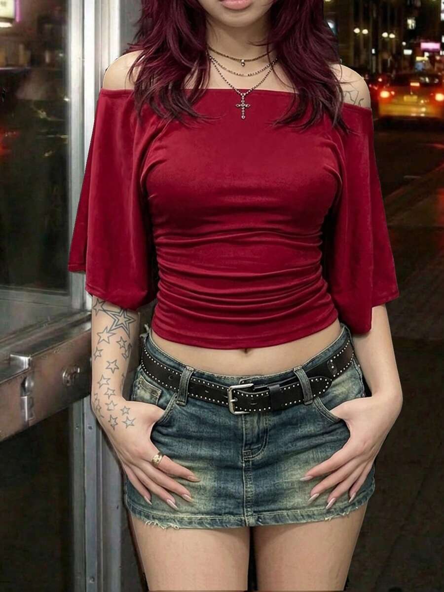 EgrlEra 女式露肩蝙蝠袖时尚收腰复古性感T恤 - 紅色 - 查看 1