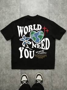 Torvinic 男款寬鬆版型塗鴉「WORLD NEED YOU」3D印花黑色大尺碼T恤 (材質), 度假 - 黑色 - 查看 6