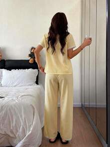 Napfluff Bubble Crinkle Striped Ruffle Front Women Pajama Set - Yellow - View 2