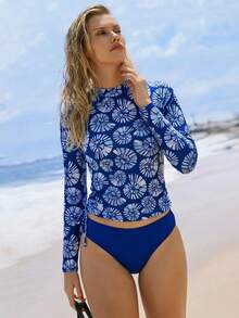 Swim SPRTY New Tropical Shell Print Colorblock Drawstring Bikini Top And Solid Color Triangle Bottoms, Women Swimwear For Swimming Party Vacation, Surfing, Beach - Multicolor - View 1