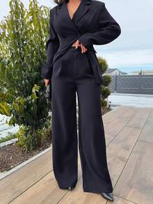 Jeta Ari Women's Solid Color Lapel NeckLong Sleeve Jacket And Pants Commuter Daily Basic Suit Set In Fall/Winter,Old Money Style,Dark Blue Business Suit,Business Commuter Two-Piece Set - Navy Blue - View 3