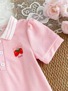 SHEIN Baby Girls' Puff Sleeve Pink Polo Collar Strawberry Print Ruffle Hem Casual Short Sleeve Dress - Pink - View 4