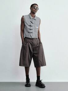 ROMWE MEN Street Life 2026 Men's Houndstooth Casual Frog Button Vest - Black and White - View 6