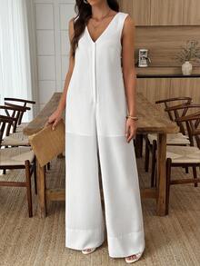 EMERY ROSE White Cotton-Linen Sleeveless V-Neck Loose Wide-Leg Jumpsuit, Casual Resort, Summer Workwear, Pastoral Style - White - View 3