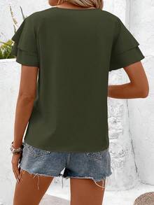 Balvessa Plus Size Women's Vacation Casual Elegant Solid Color Short Sleeve Top Office Olive Green Summer - Apricot - View 2