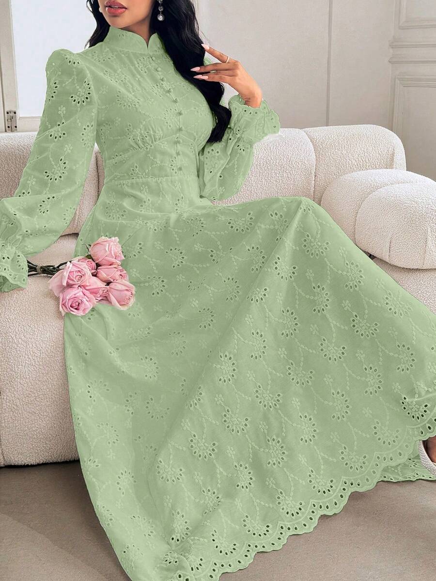 Modelyn 法式領花瓣袖設計洋裝 - 綠色 - 查看 1