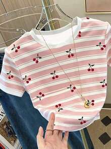 SHEIN 青少年女孩數位櫻桃條紋圖案圓領短袖連身褲，休閒舒適，適合春夏季，百搭穿搭，適用於戶外活動、野餐、街拍、度假、節日、禮物及日常穿著 - 彩色 - 查看 3