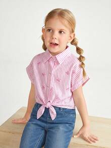 SHEIN Camisa casual con hombros caídos, estilo minimalista, de tejido suelto y con rayas, con lazo delantero para niña joven - Rosa - Ver 6