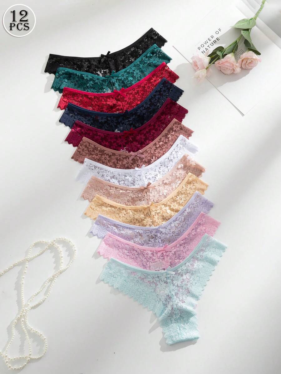 SHEIN 12件/組 浪漫性感蕾絲女用丁字褲,多色 - 彩色 - 查看 1
