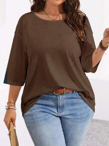 Plus Size Women Solid Color Round Neck Drop Shoulder Casual Loose T-Shirt Fall - Brown - View 4