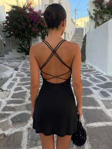 Firerie Women's Elegant Black Spaghetti Strap Backless Mini Dress, Deep V Neck A-Line Party Dress,Club Night,Summmer Boho Beach Vacation Cocktail Outfit - Black - View 4