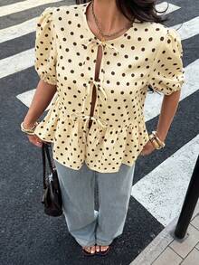 Siren Gaze Women's Black Polka Dot,Summer,Elegant,Brunch Shirt With Tie And Puff Sleeve,Cute Ruffle Hem V-Neck Blouse,Casual Animal Print Pattern,Short Sleeve - Apricot - View 4