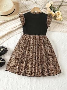 SHEIN Vestido casual de niña con cuello redondo, de punto, de unicolor y estampado de leopardo en patchwork - Caqui - Ver 8