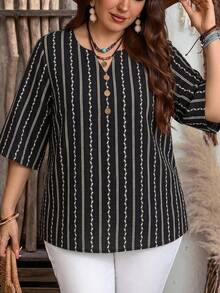 EMERY ROSE Plus Size Women V-Neck Button Striped Contrast Color Casual Shirt - Black - View 3