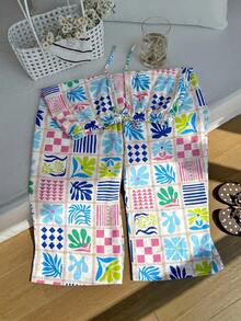 Comfortcana 大尺碼印花抽繩長褲，適合春/夏度假、夏季海灘穿著，女款夏季長褲，女款度假套裝，藍色 - 藍色 - 查看 5