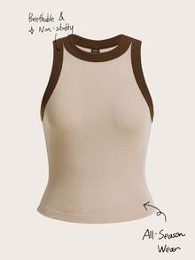 Tseoso Top tank ribete en contraste tejido de canalé - Beis - Ver 1