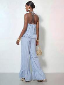 Zivah New Summer Casual Coastal Commuting Loose-Fitting Blue And White Striped V-Neck Halter Neck Tie Ruffled Tank Top + Wide-Leg Pant Two Pieces Set Beach - Blue and White - View 7