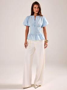 SHEIN BAE Women's Elegant Solid Blue Ruffle Puff Sleeve Fitted Blouse, Blue Ladies Top - Blue - View 3