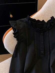 Franclia Women's Solid Color Pleated Casual Versatile Daily Wear Shirt - Black - View 4