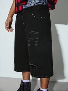 Modcrash Men's Casual Fashion Studded Denim Shorts - Black - View 6
