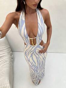 Aloruh 女款優雅性感鏤空珠飾斑馬紋貼身沙灘洋裝 - 米色 - 查看 8