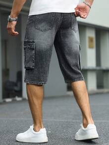 Manfinity Homme Pantalones cortos de mezclilla con bolsillos y botones, pierna ancha, hasta la rodilla, para hombres, vacaciones - Gris - Ver 2