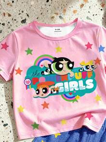 THE POWERPUFF GIRLS X SHEIN GraphicGems 女嬰 Powerpuff Girls 夏季星星彩虹印花 T-shirt + 牛仔效果印花短褲 卡通休閒可愛套裝 返校季 粉色與淺藍色 - 粉色 - 查看 3