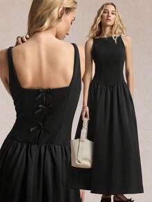 BizChic Sleeveless Long Dress, Vintage French Elegant Vacation Style, Slouchy Luxury Minimalist, Suitable For Vacation, Halloween, Back To School, Party, Birthday, Wedding Guest, Church, Special Occasions, Slimming, Elegant, Sexy, Versatile, Summer, Autumn, Commute, Daily Office, Outing, Beach, Gathering, Social, Holiday, Shopping, Afternoon Tea, Travel - Black - View 1