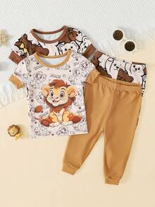Baby Boy Casual Cartoon Bear Pattern Slim Fit Round Neck Comfortable Short Sleeve Pants Pajamas, Suitable For Spring & Summer 4 SETS RANDOM Snug Fit - Multicolor - View 6