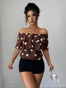 Elenzga Summer Casual Polka Dot Print Off-Shoulder Ruffle Blouse - Brown - View 4