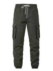 Manfinity Roughcore Men's Casual Elastic Waist Drawstring Cargo Pants - Army Green - View 3