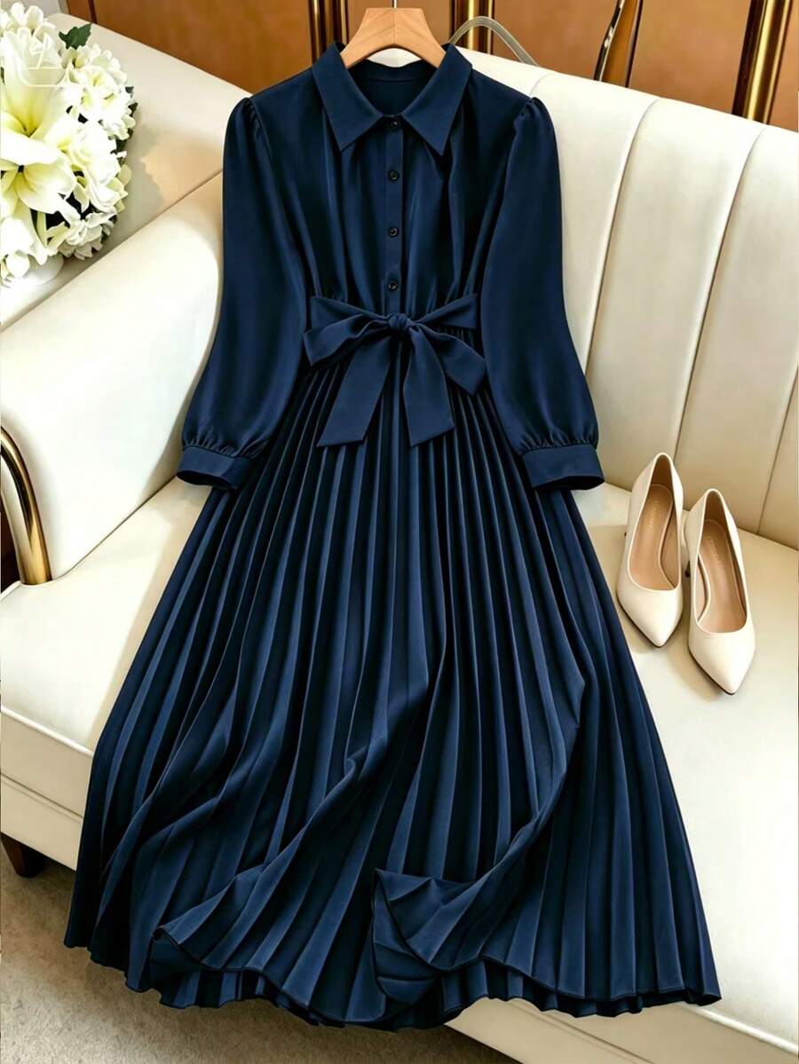 GlowEve 1pc Rivets Decorated Hem Pleated Commuter Dress For Women, Long Sleeve Maxi Women Outfit Fall Cloth For Women - Navy Blue - View 1